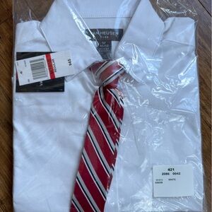 Boys Van Heusen White Dress Shirt with Red and Black Striped Tie